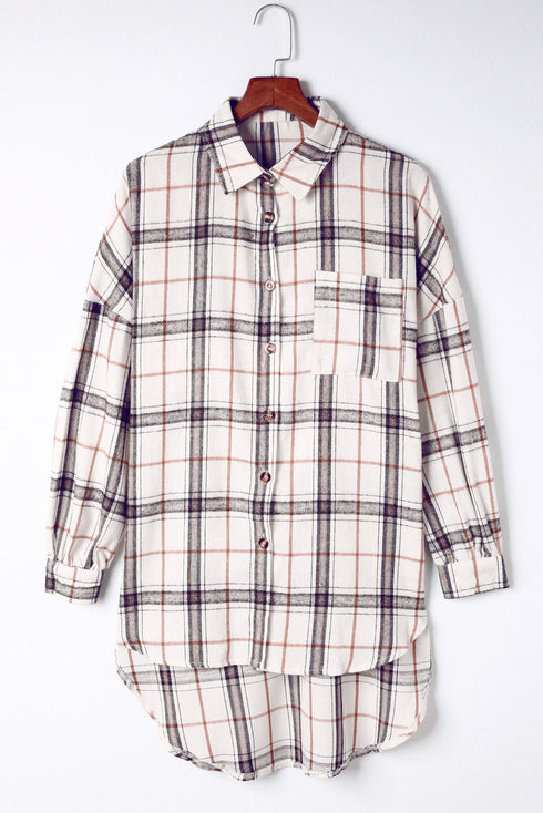 White Oversized Plaid Pattern Shacket With Slits